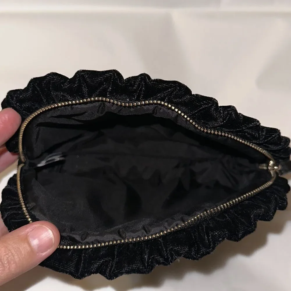 kate spade Black Velvet Ruffle Gold Tone Briar Lane Cosmetic Bag